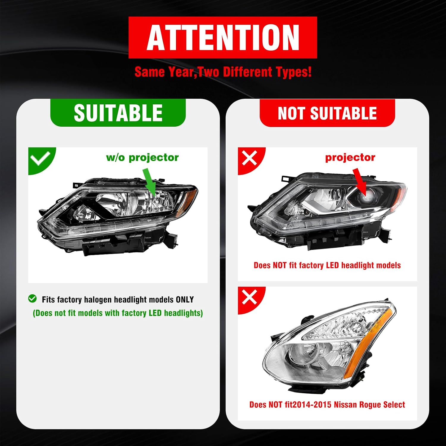 Thumbnail 1 de ADCARLIGHTS Headlight Assembly for 2014-2016 Nissan Rogue – Clear Lens, Black Housing (Left & Right) with Amber Reflector