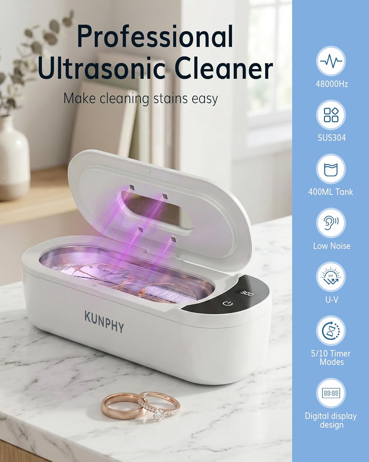 Detalle 2 de KUNPHY Ultrasonic Jewellery Cleaner — 400ml Large Capacity with UV Light