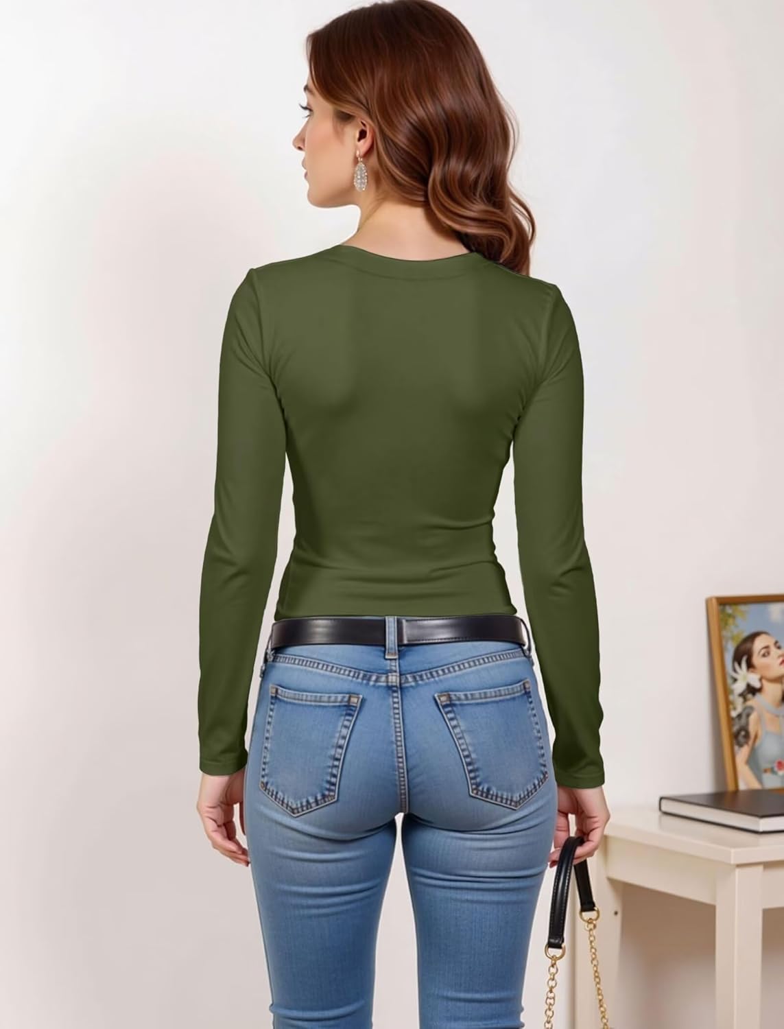Detalle de VICHYIE Damen Langarmshirt mit Rundhals und Umhang-Detail – Schlanke Passform, Einfarbig