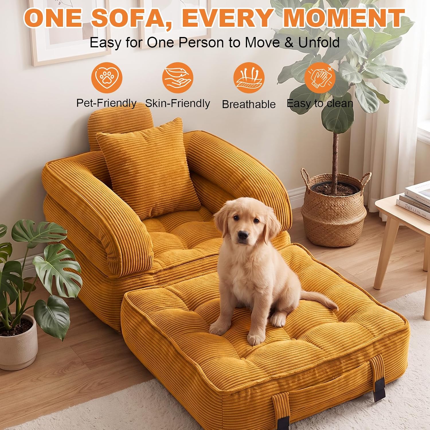 Detalle de CUBIOU Y8022-Orange 3-in-1 Corduroy Folding Sofa Bed