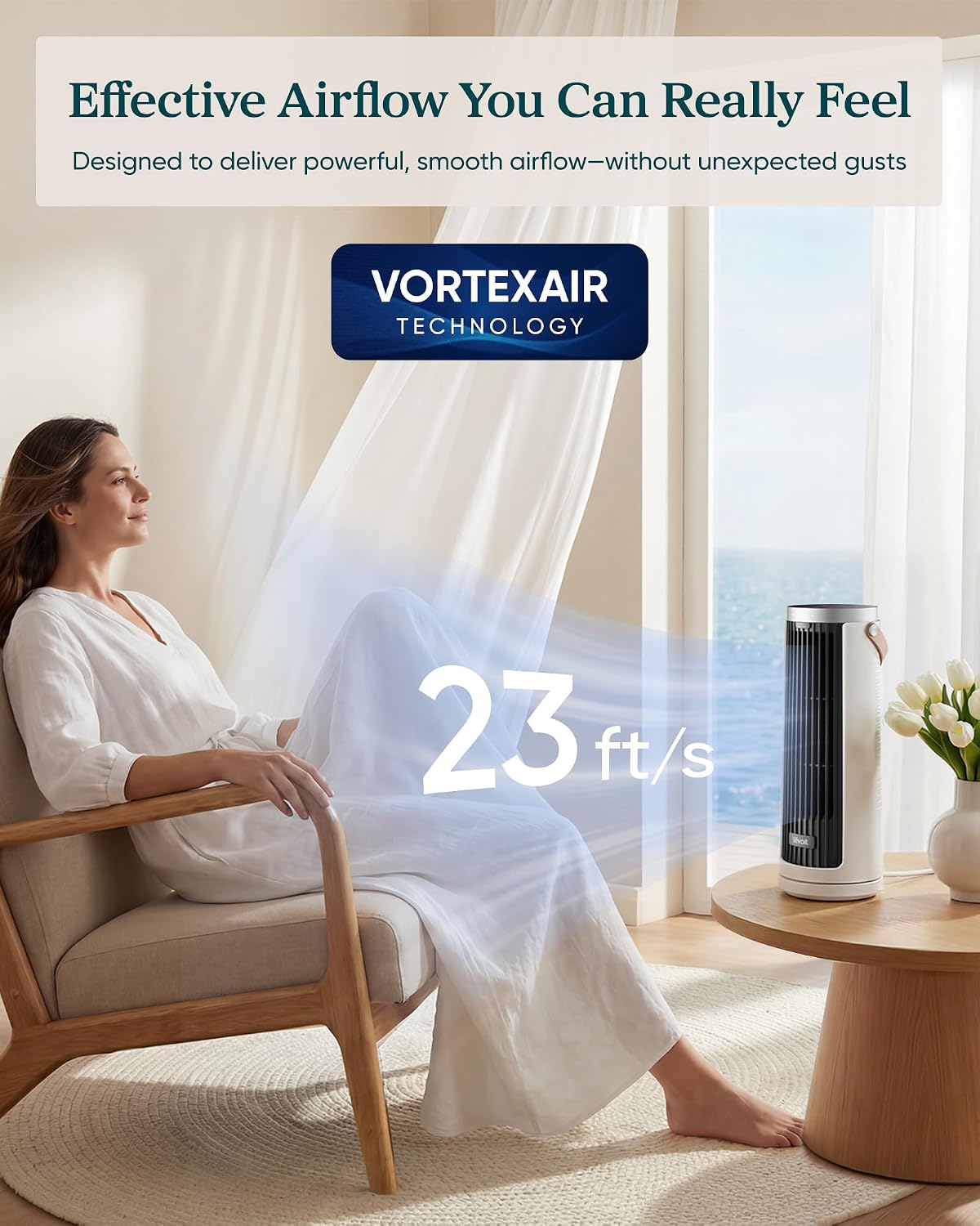 Detalle de LEVOIT Tower Fan for Bedroom — Quiet 20dB DC Motor Bladeless Tower with 5 Speeds, 12H Timer, Remote