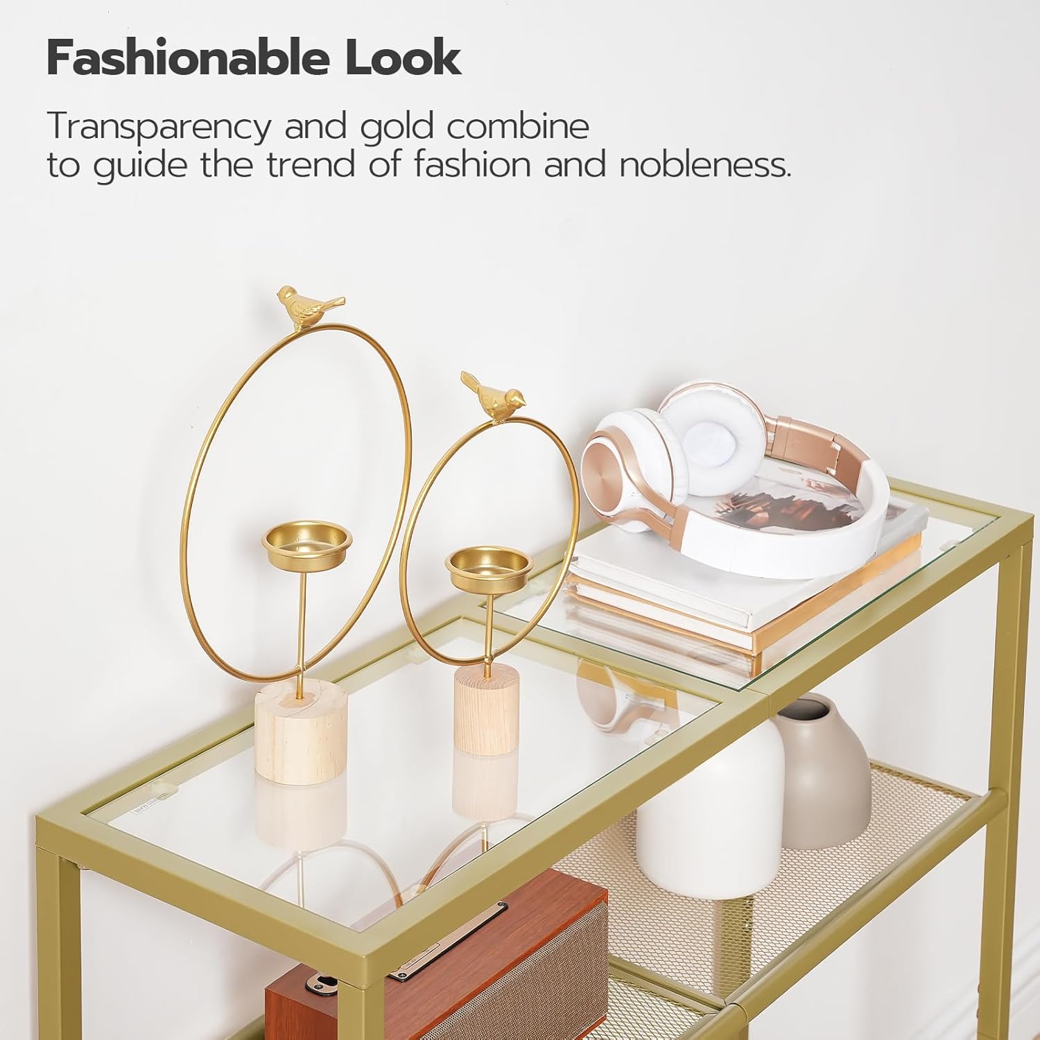 Thumbnail 4 de HOOBRO 3-Tier Gold Console Table with Tempered Glass – Minimalist Gold Frame, 4mm Glass, 3 Shelves