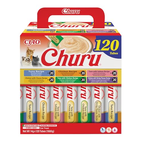 Detalle de INABA Churu Gatos: 6 Recetas de Snacks Saludables a Base de Atún y Pollo, 1,68 kg (120 Tubos x 14 g)
