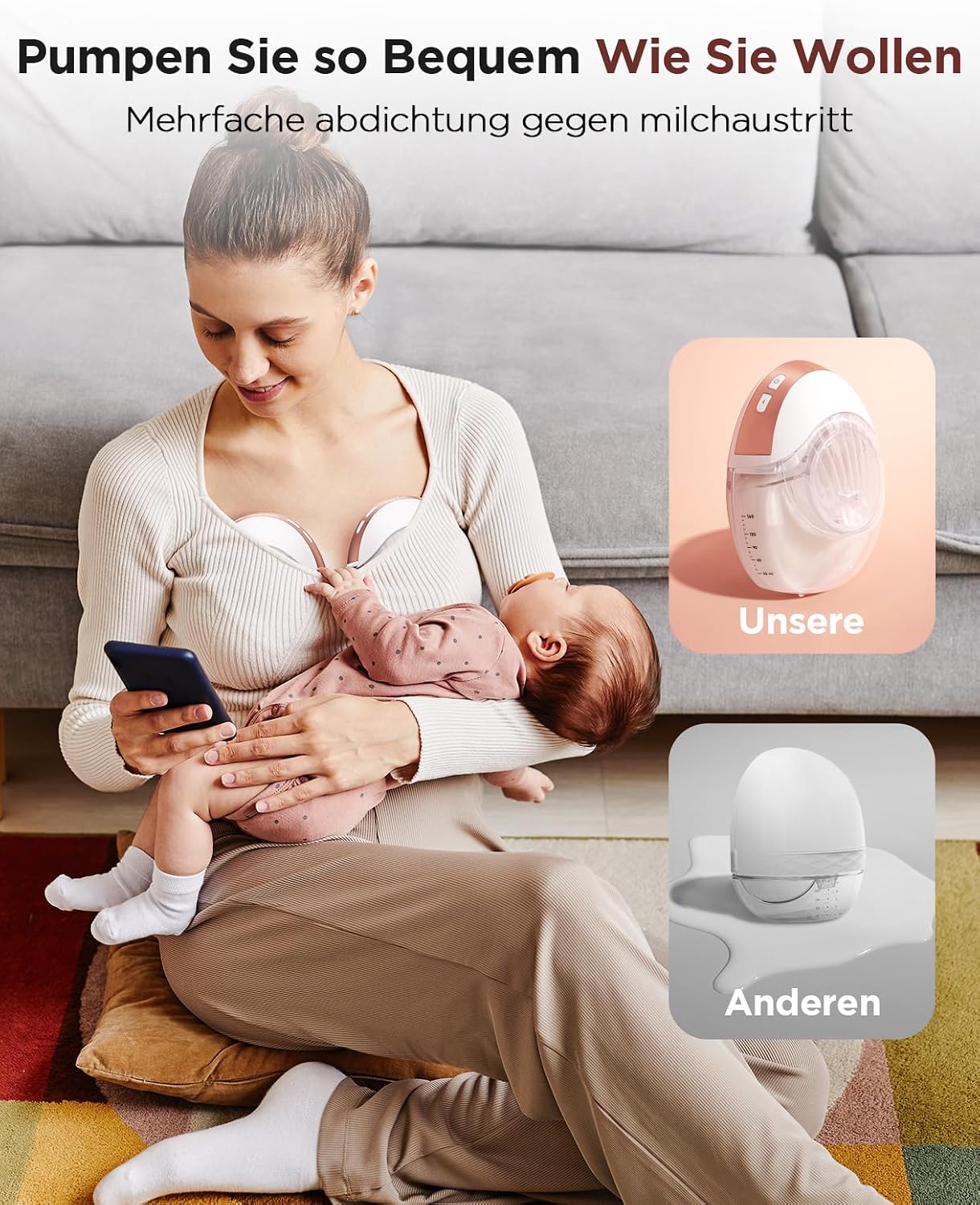 Detalle de Haokoo Milchpumpe Elektrisch Freihändig – 2er-Pack, Tragbar, 3 Modi, 12 Stufen, Anti-Auslaufen