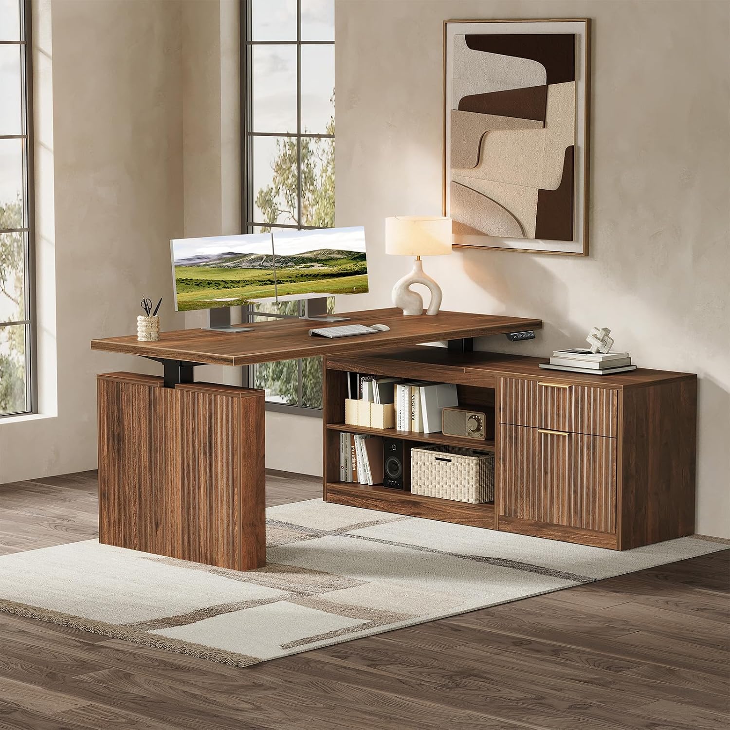 Detalle de OffiGo 55-Inch L-Shaped Electric Standing Desk, Reversible Walnut, 1-Inch Top
