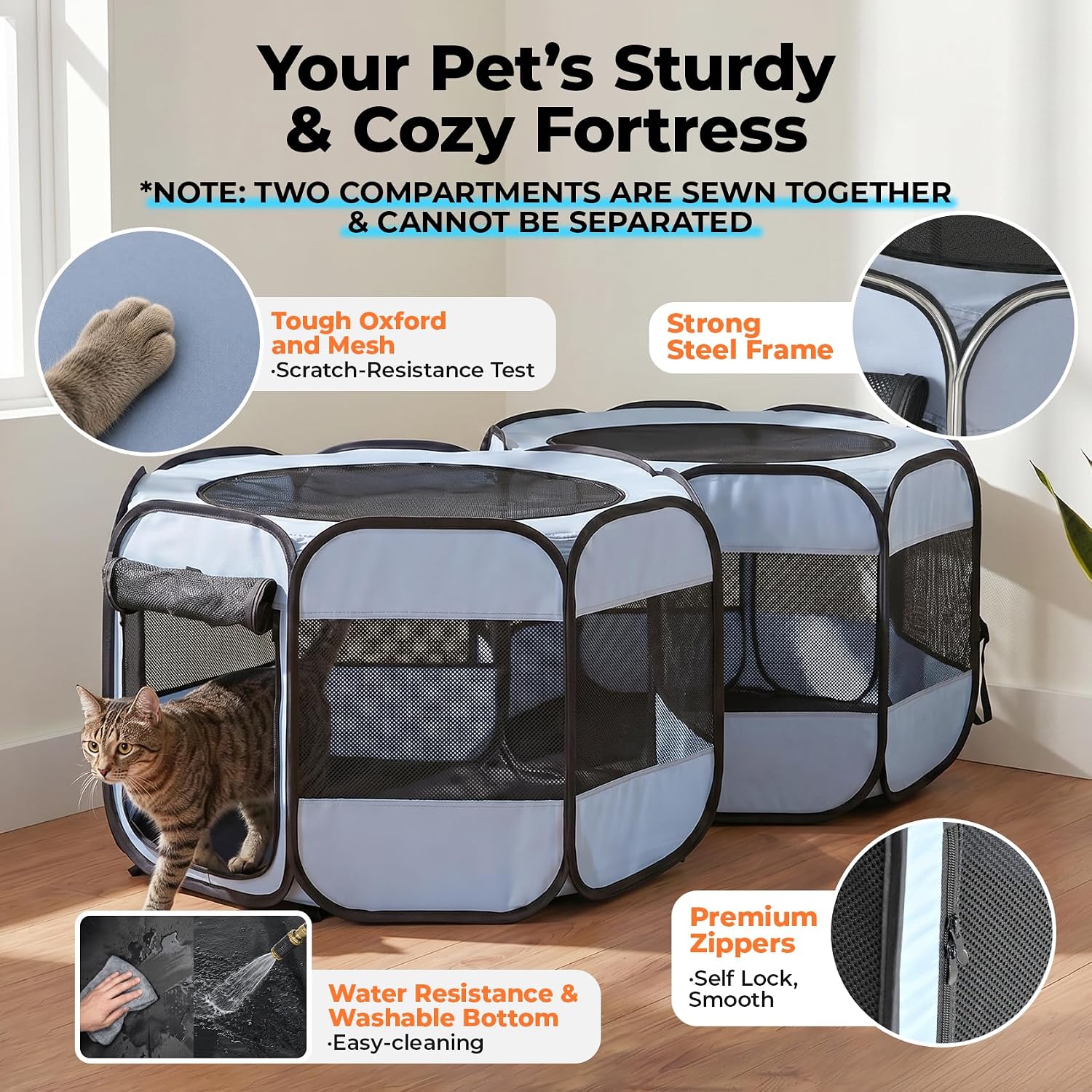 Detalle 2 de EighteenTek 2-in-1 XLarge Pop-Up Pet Playpen, Two Rooms, Gray