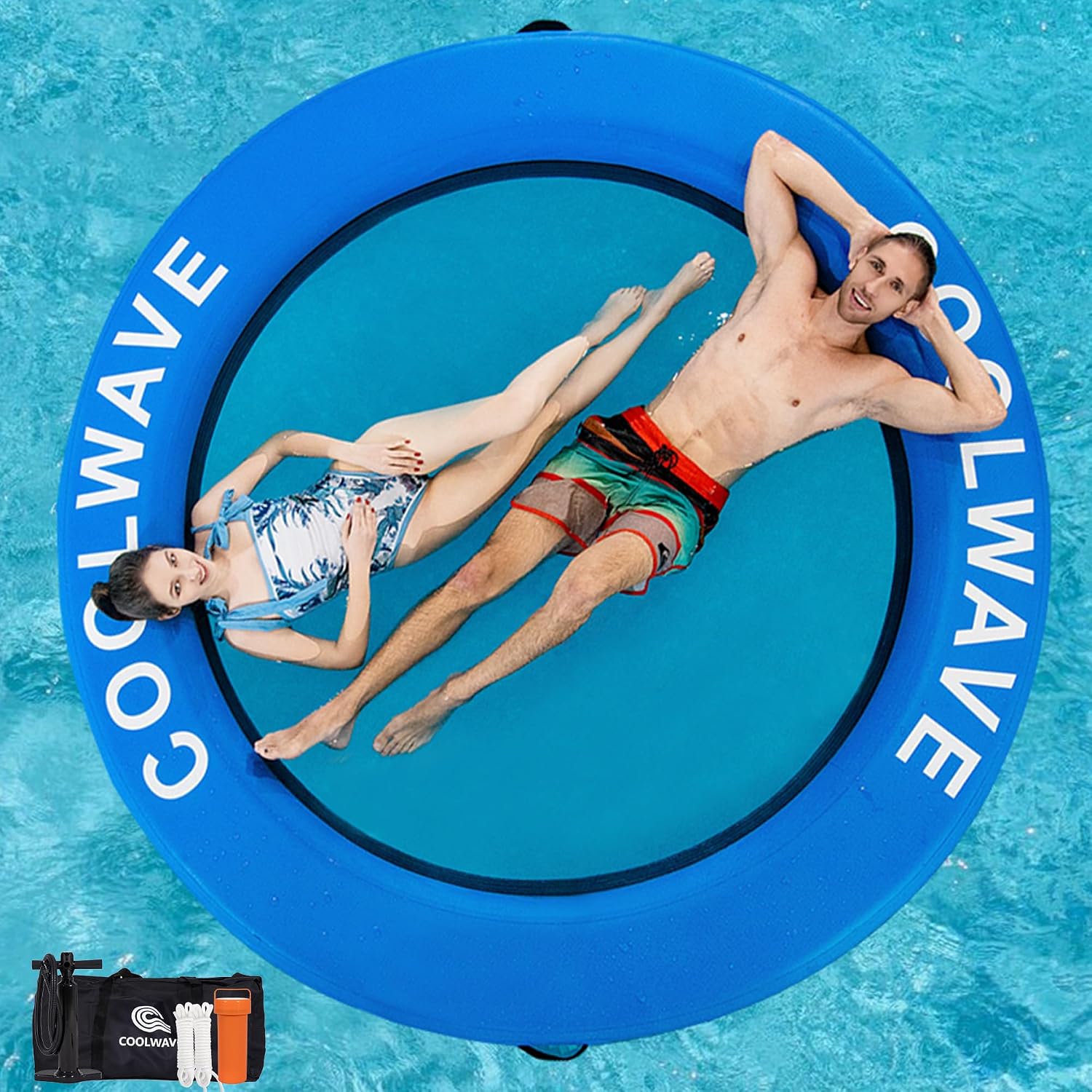 Detalle de COOLWAVE Inflatable Water Hammock Floating Dock: Family‑Sized Round Float with Pump, Ropes, and Cup Holders
