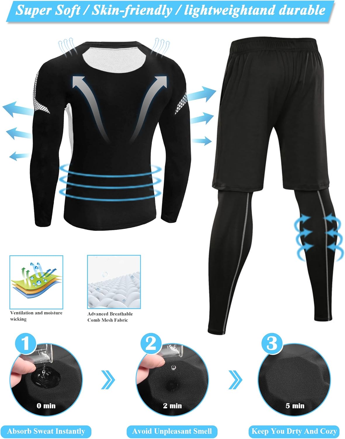 Thumbnail 3 de Ensemble Compression Homme 3 pièces T-shirt manches longues + Legging + Shorts de sport pour running