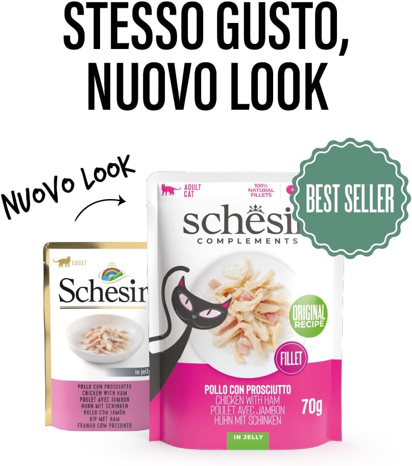 Thumbnail 1 de Schesir Pollo con Prosciutto 12x70g: filetti di pollo in gelatina per gatti da supplemento appetitoso