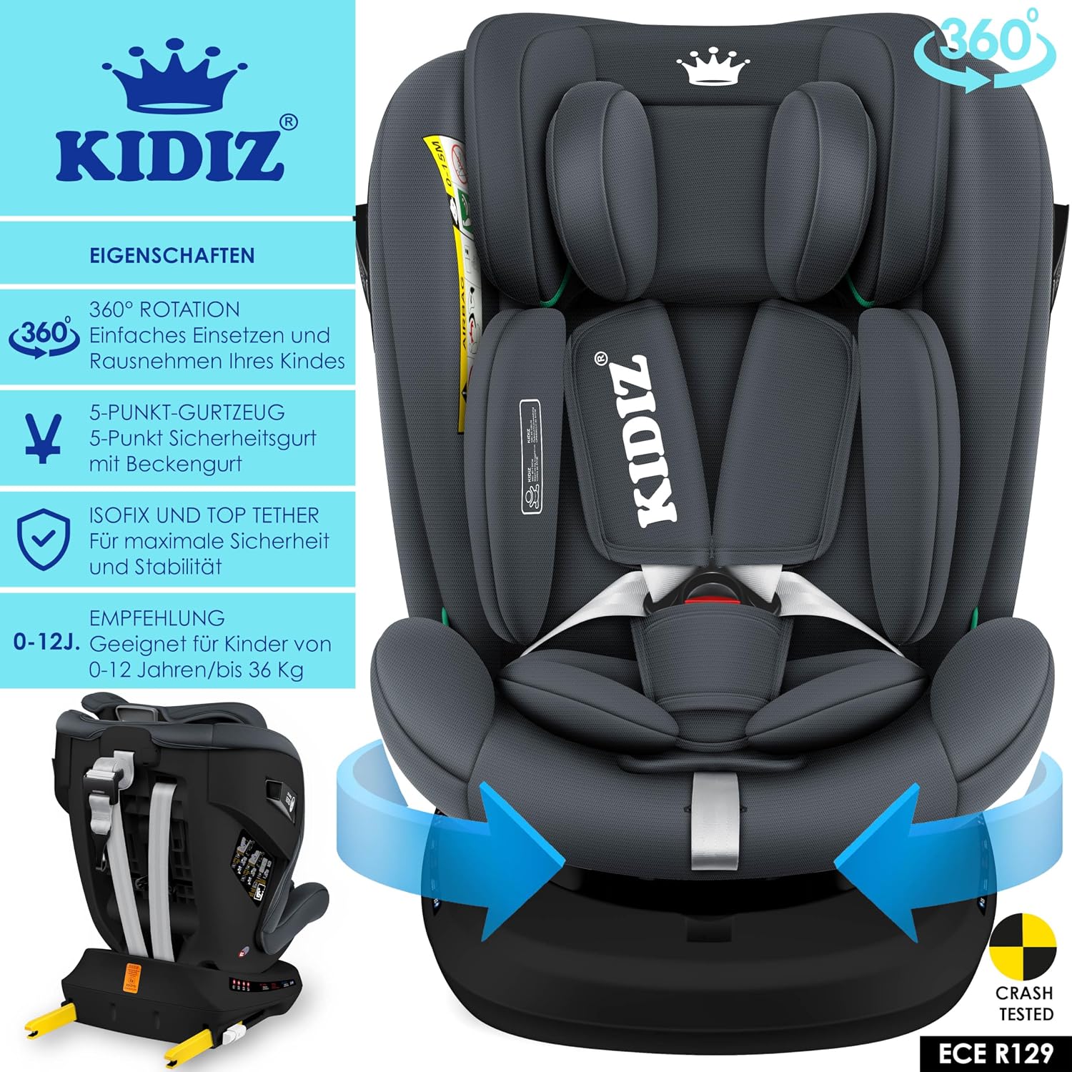 Thumbnail 1 de KIDIZ Autokindersitz mit Isofix i-Size R129 100-150cm – mitwachsender Sitz, 5-Punkt-Gurt, höhenverstellbare Kopfstütze, Anthrazit