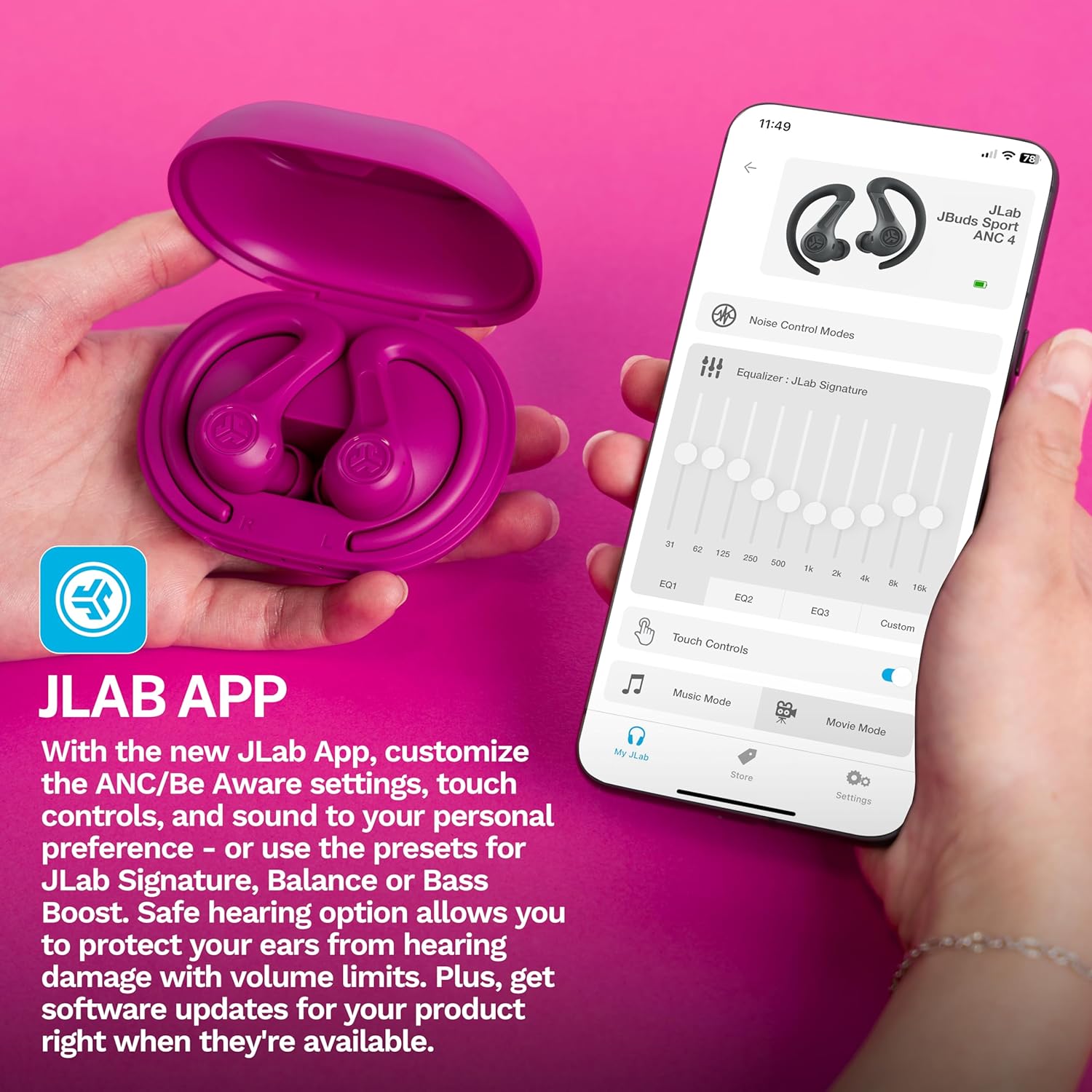 Thumbnail 5 de JLab JBuds Sport ANC 4 auricolari sportivi in-ear Bluetooth con ANC ibrida, fino a 60h e custodia USB‑C (rosa)