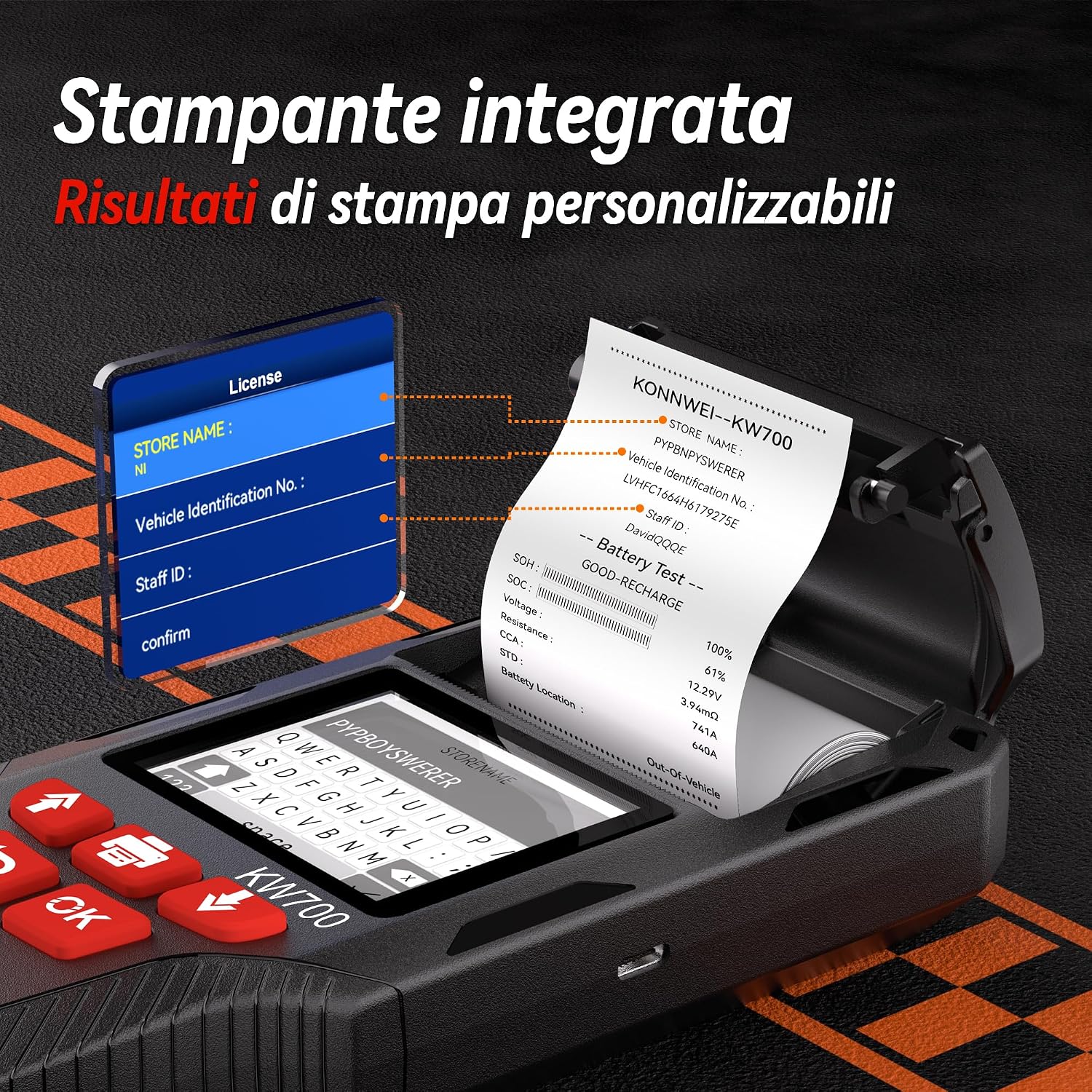 Detalle 2 de KONNWEI KW700: Tester Batteria Auto con Stampante integrata per 12V/24V