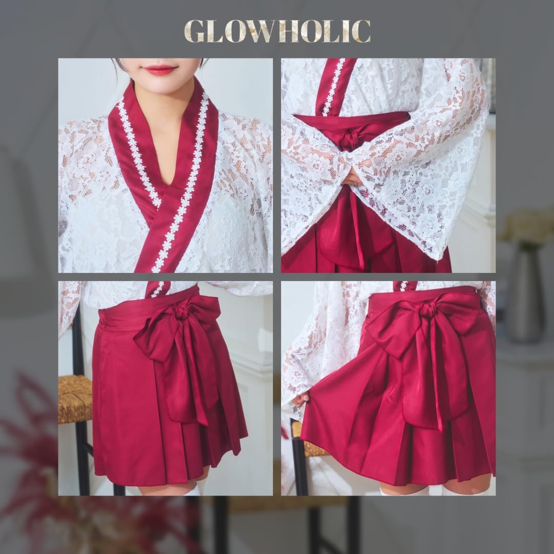 Detalle de クリアストーン(Clearstone) GLOWHOLIC レースミニ巫女コスチューム レッド トップス・スカートセット