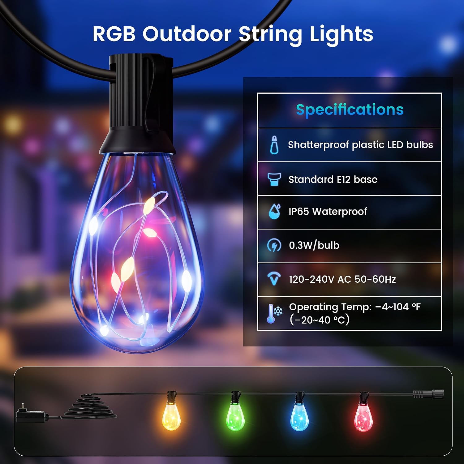 Thumbnail 5 de WOWLUMEN GLS-20J2P-E12-S11- RGB Outdoor String Lights, 25 ft, Dimmable