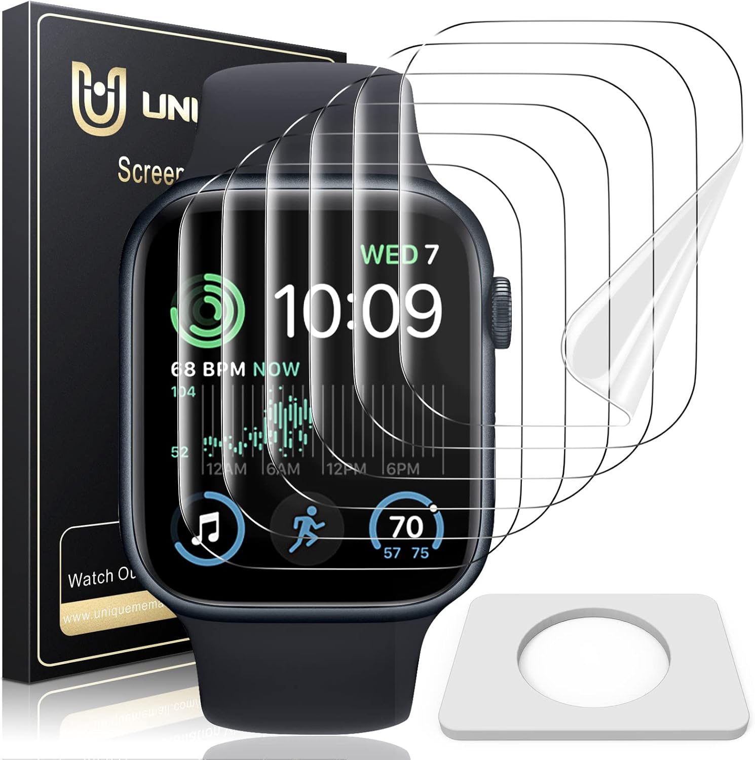 Detalle de UniqueMe 6-Pack TPU Screen Protectors for Apple Watch 44mm (Series SE/SE 2/SE 3/6/5/4) — Clear, Anti-Scratch, Self-Healing Film