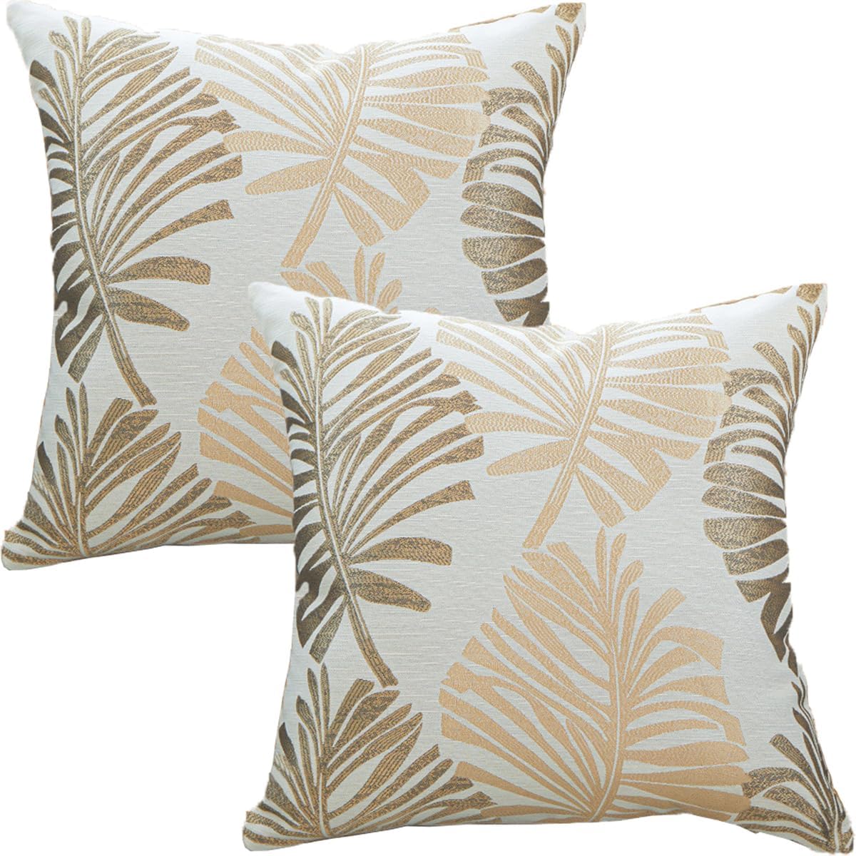 Tennove Cushion Covers 50x50cm: Cotton Linen & Velvet Throw Pillow Covers Set of 2 in Khaki with Tropical Leaf Pattern