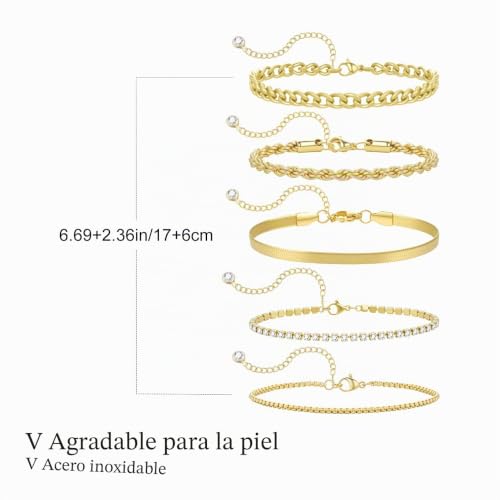 Thumbnail 6 de Emibele Pulseras Oro 14K Baño Oro Mujer | Set Ajustable y Apilable en Acero Inoxidable