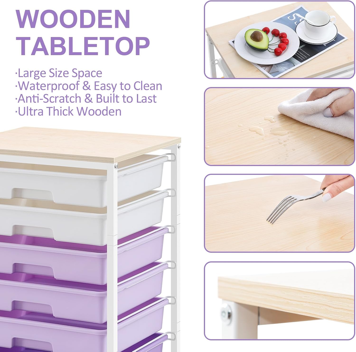 Thumbnail 4 de SYKIARIOL 1250-3 Rolling Storage Cart, Purple, 8 Drawers, Wood Top