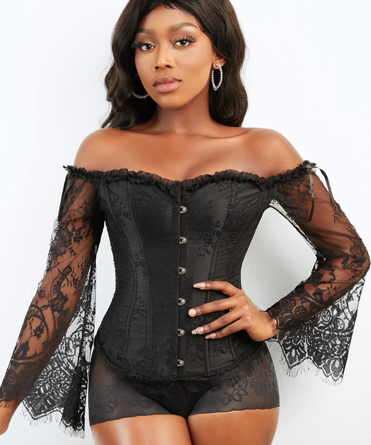 Detalle de SZIVYSHI Women's Off-Shoulder Lace Sleeve Corset Top with Adjustable Back Lacing