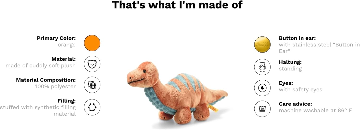 Detalle 2 de Steiff 087837 Bronko Brontosaurus Soft Toy, 28 cm Plush in Dark Orange and Petrol