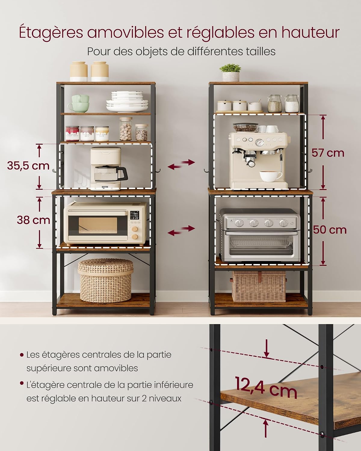 Detalle de VASAGLE KKS024B01 keukenrek met 6 legplanken en 6 haken, staal en spaanplaat