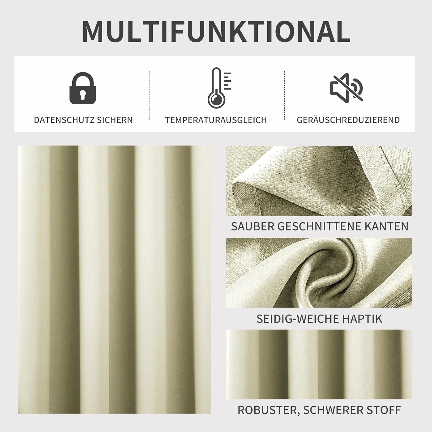 Thumbnail 2 de Joydeco blickdichte Vorhänge mit Ösen (Thermo-/Hitzeschutz) – 2er-Set Hellbeige, 2x H137 x B117