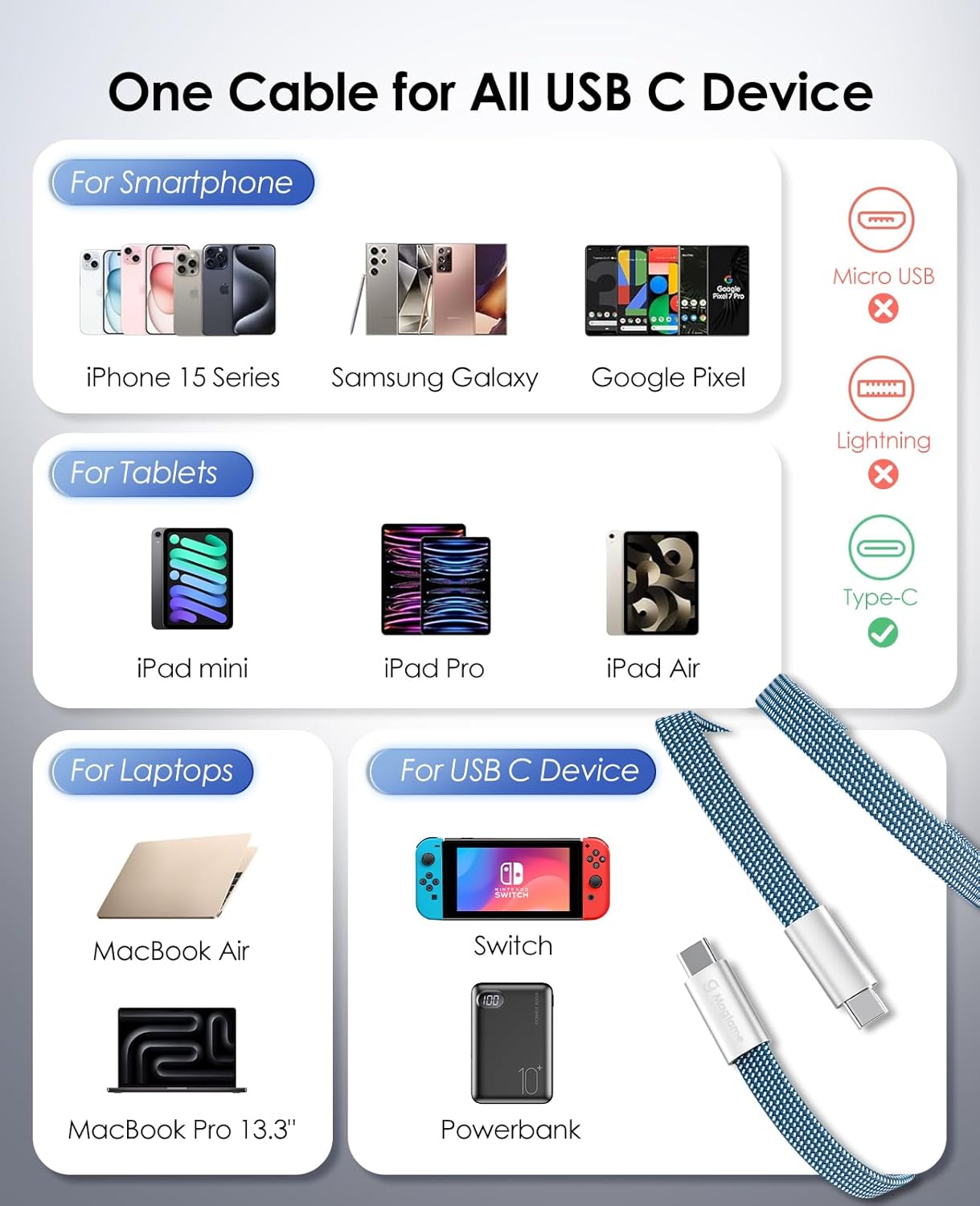 Thumbnail 6 de Magtame Flat 240W Magnetic USB-C to USB-C Cable (1.5m, 5A) – fast charging and neat cable storage