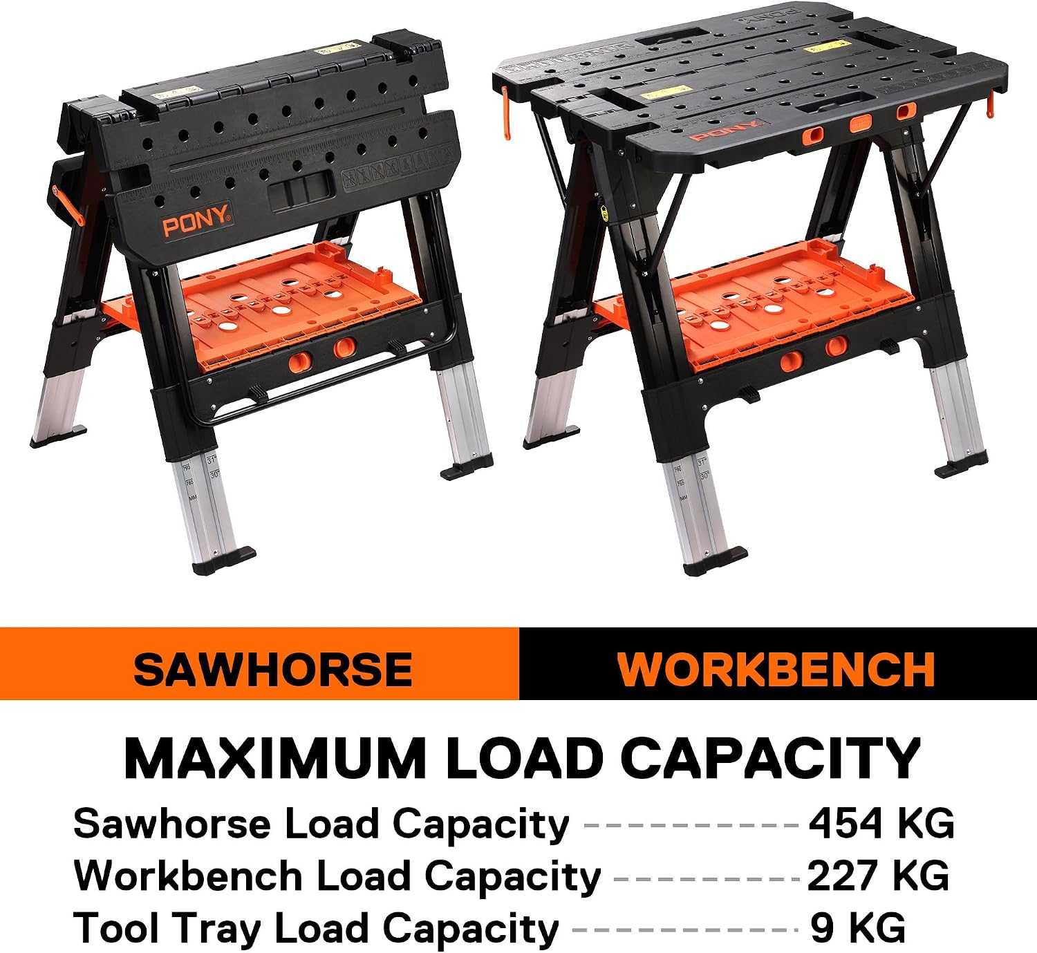 Detalle de PONY 99214AJ.JP 2-in-1 opvouwbare werkbank en zaagbok, 6 hoogtes