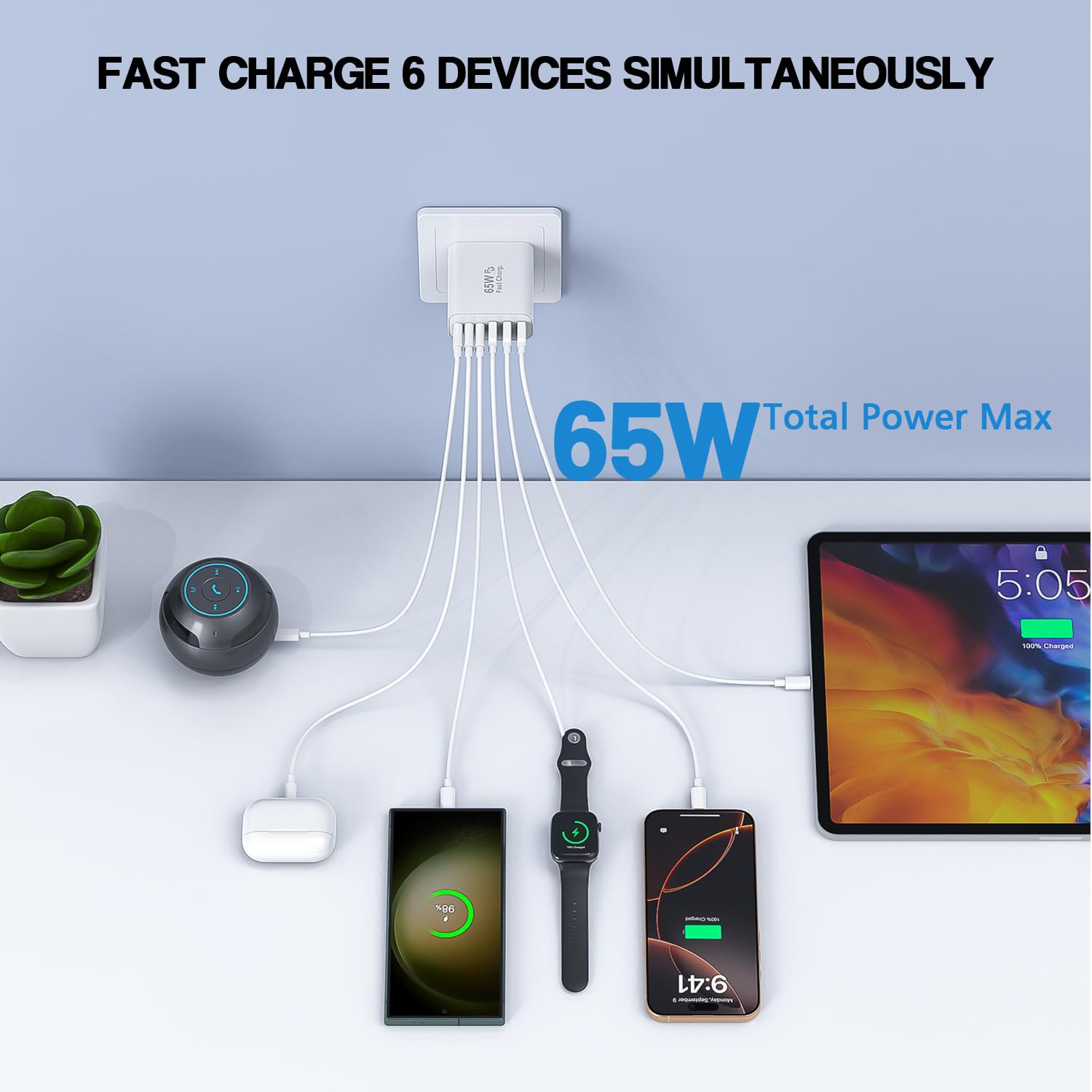 Thumbnail 1 de 3 Pack 65W GaN 6-Port USB-C Charger Block 🔌