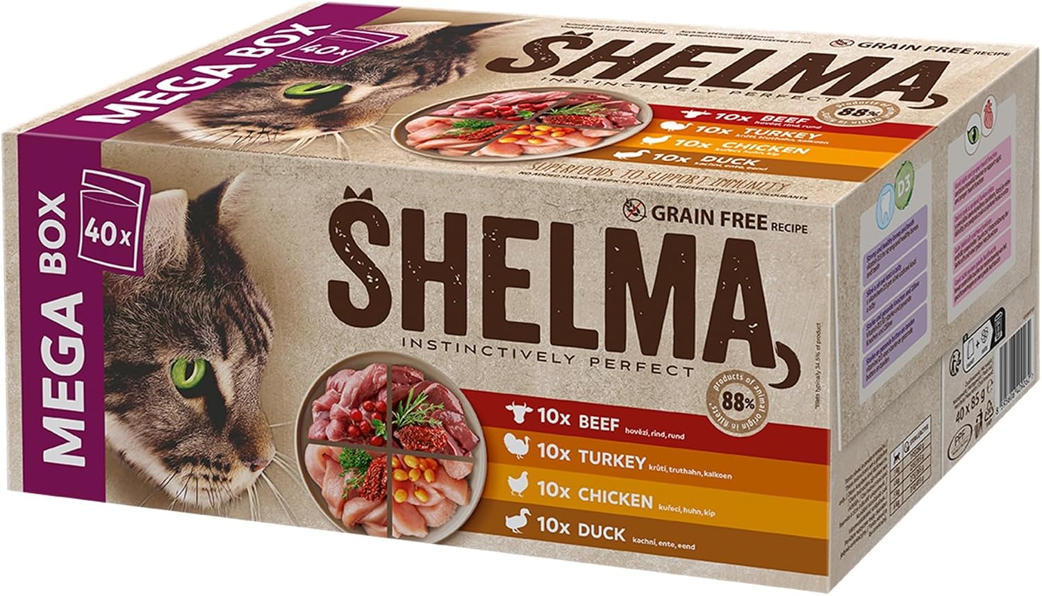 Detalle de Shelma Katzen-Nassfutter Megapack Fleisch – Rind, Truthahn, Huhn & Ente, getreidefrei, 40 × 85 g