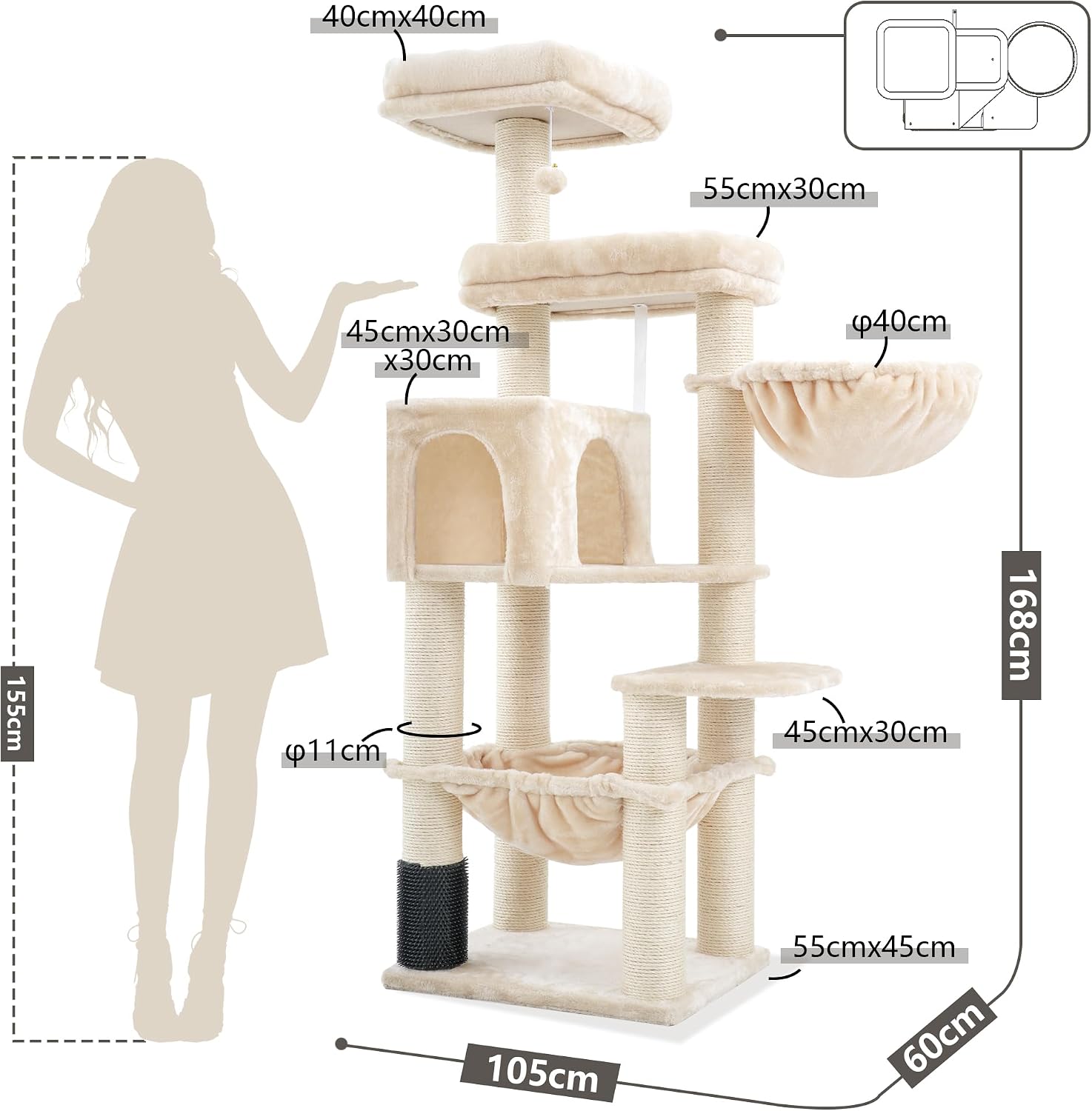 Detalle 2 de Hey-brother XXL Kratzbaum für Maine Coon, 168 cm – XXL-Hängematte, 11 cm Sisalpfosten, beige