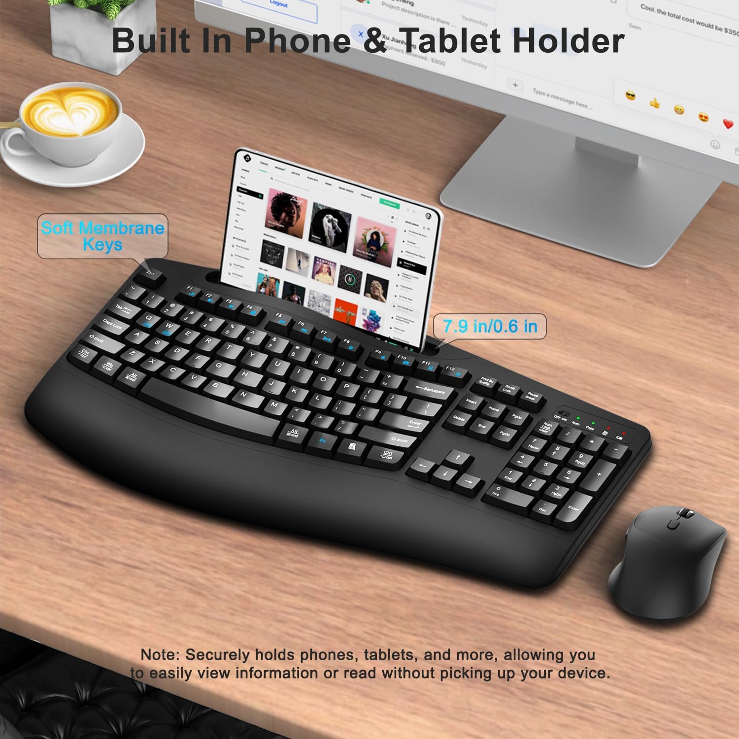 Thumbnail 2 de Faadar Wireless Keyboard and Mouse Combo (2.4G Full Size Wave Keys + Wrist Rest, Phone Holder) with Silent 3-Level DPI Mouse
