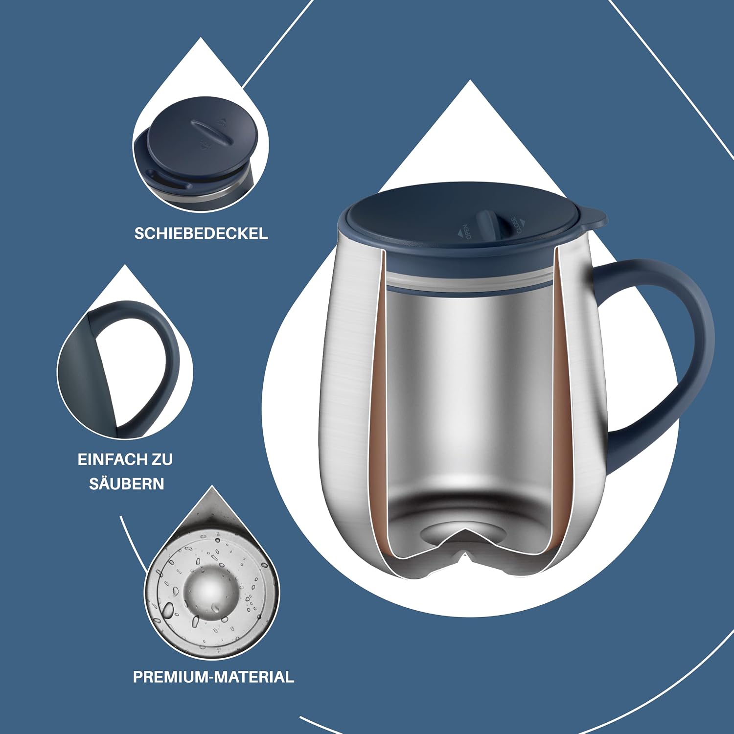Thumbnail 2 de Ideus Kaffeebecher 470 ml (16 oz) – doppelwandige vakuumisolierte Edelstahl-Kaffee- und Teetasse mit Schiebemoduldeckel (Marineblau)