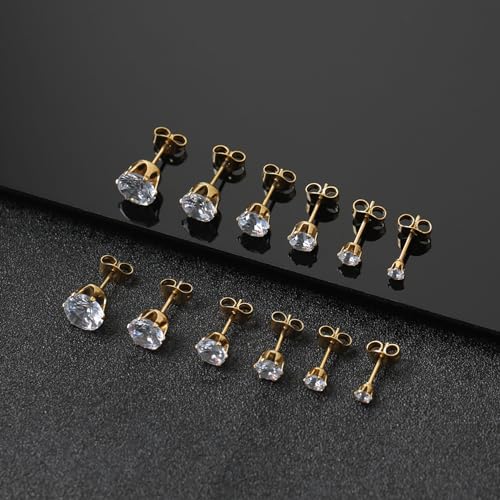 Detalle de BVLAGIDA: Ensembe de 6 paires de clous d’oreilles en acier inoxydable avec zircone cubique (3–8 mm)