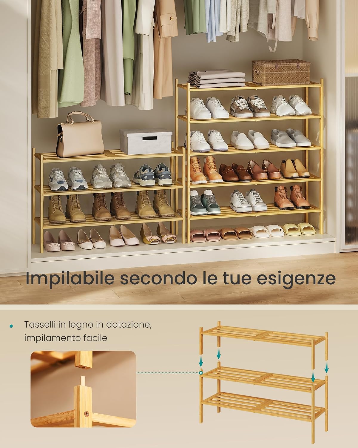 Detalle de SONGMICS Scarpiera in Bambù a 3 Ripiani, Impilabile – LBS053YL01