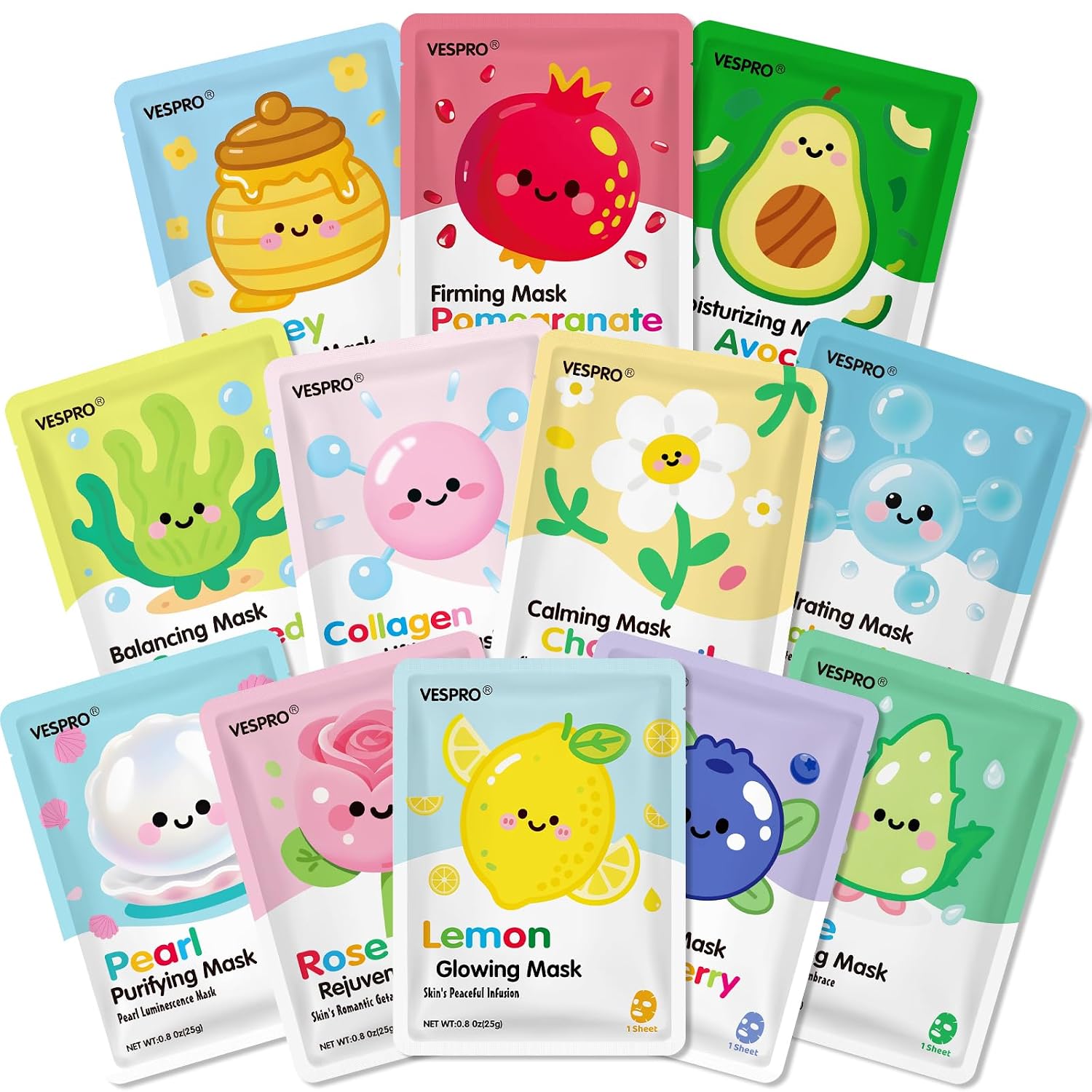 Detalle de 12 Pack Face Masks for Women Hydrating & Moisturizing Facial Mask Set (Collagen, Pomegranate, Rose & More)