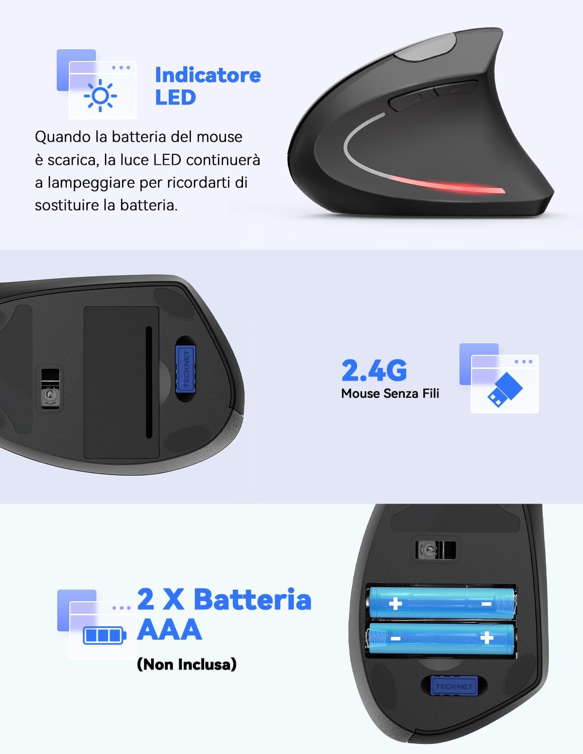 Detalle 2 de TECKNET Mouse Verticale: 4800 DPI, wireless, ergonomico e silenzioso per PC, Mac e Laptop