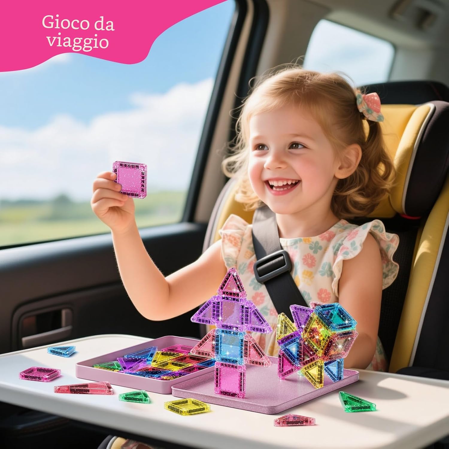 Thumbnail 4 de Set di 42 piastrelle magnetiche da viaggio con glitter rosa – gioco STEM per bambini