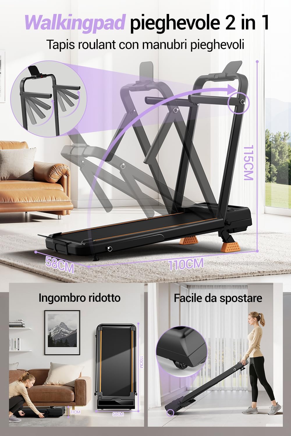Detalle 2 de CURSOR Tapis Roulant con inclinazione 16% e walking pad elettrico 3,0 HP