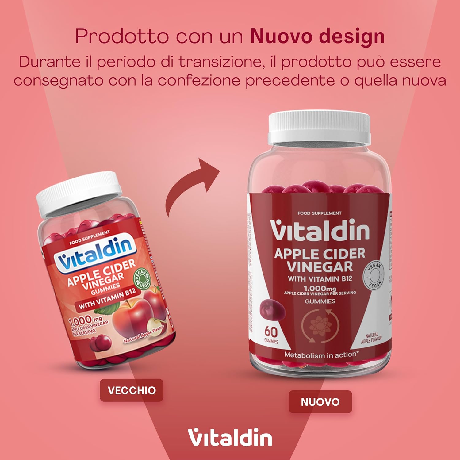 Detalle 2 de VITALDIN Apple Cider Vinegar Gummies – 1000 mg per dose, 60 caramelle vegane (gusto mela) con vitamina B12
