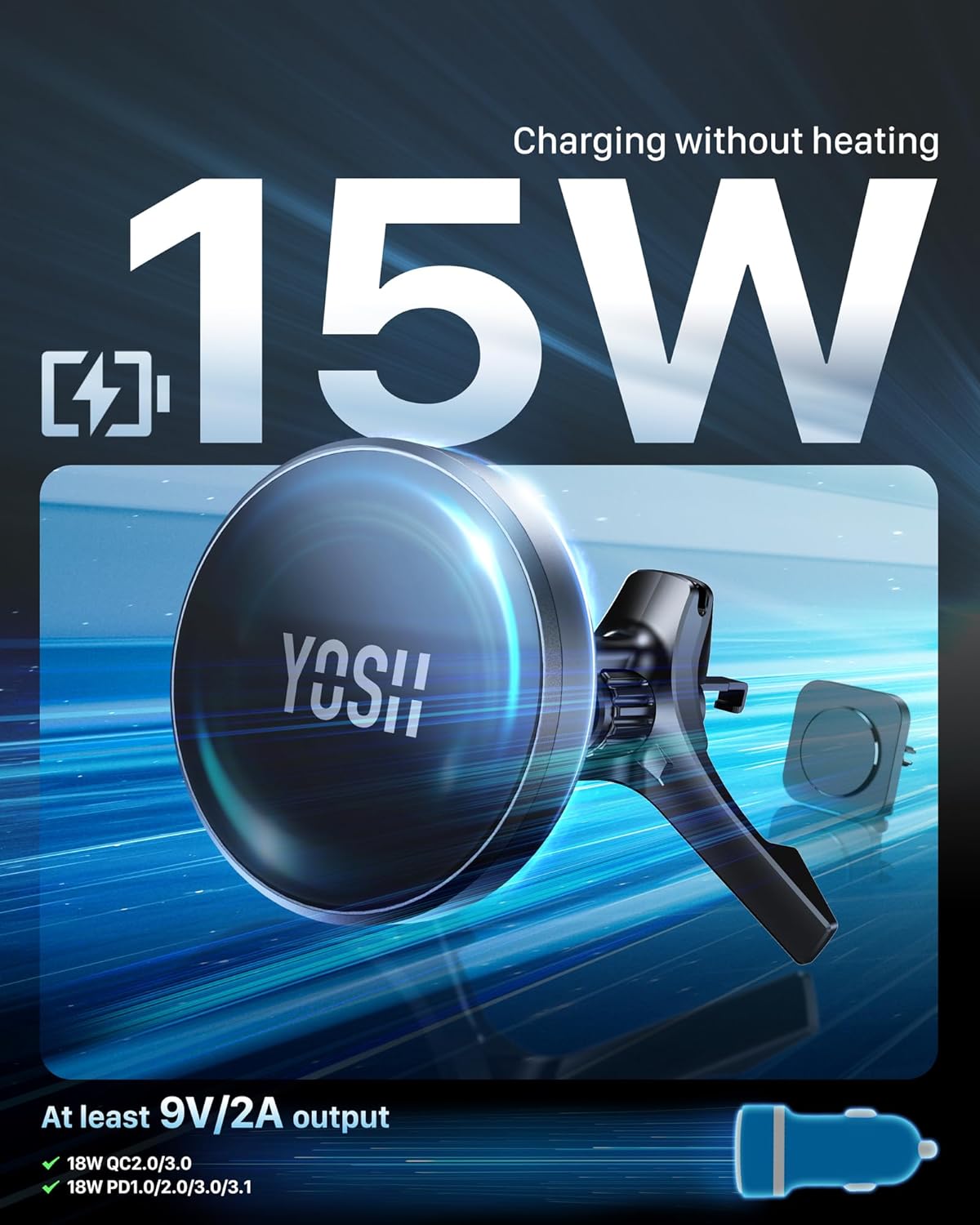 Detalle 2 de YOSH Caricabatteria da auto MagSafe con ventola rotonda: supporto magnetico e ricarica fino a 15 W per Mercedes, Audi A1, Mini e Countryman