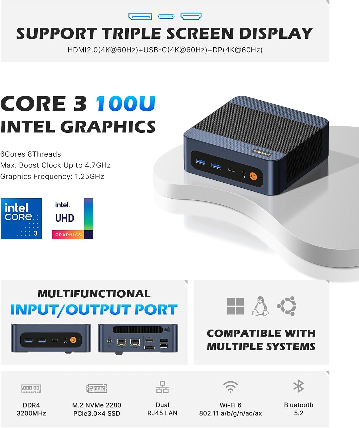 Detalle 2 de BOSGAME Mini PC with Intel Core 3 100U