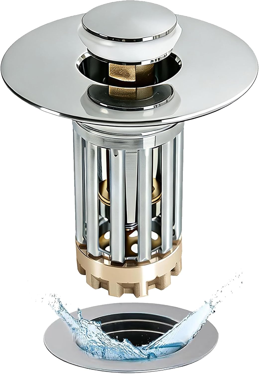 Detalle de Anlige Bathroom Sink Drain Strainer, 3-in-1 Pop-Up Stopper, Chrome Silver