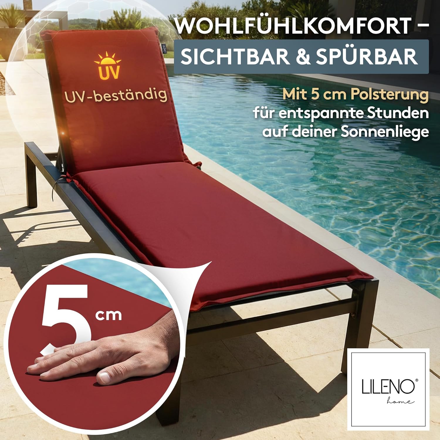 Thumbnail 1 de LILENO HOME 2er-Set Sonnenliege mit Rollen, gepolstert rot (188 x 60 x 5 cm) – für Garten & Terrasse