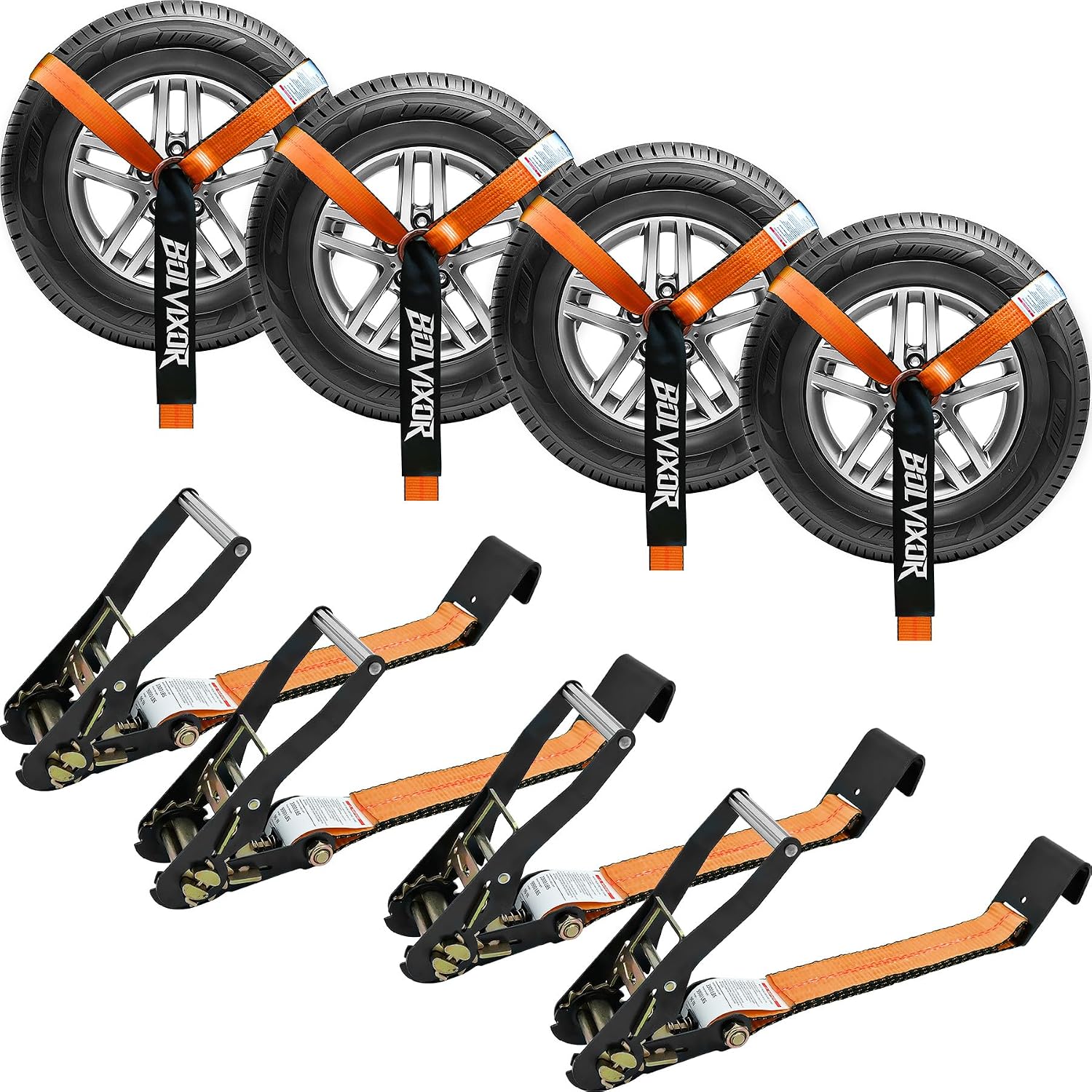 Bolvixor 4 Pack Car Tie Down Straps for Trailers — 2" x 96", 9900LBS Break Strength, Heavy-Duty Tire Ratchet Straps with Flat Hooks