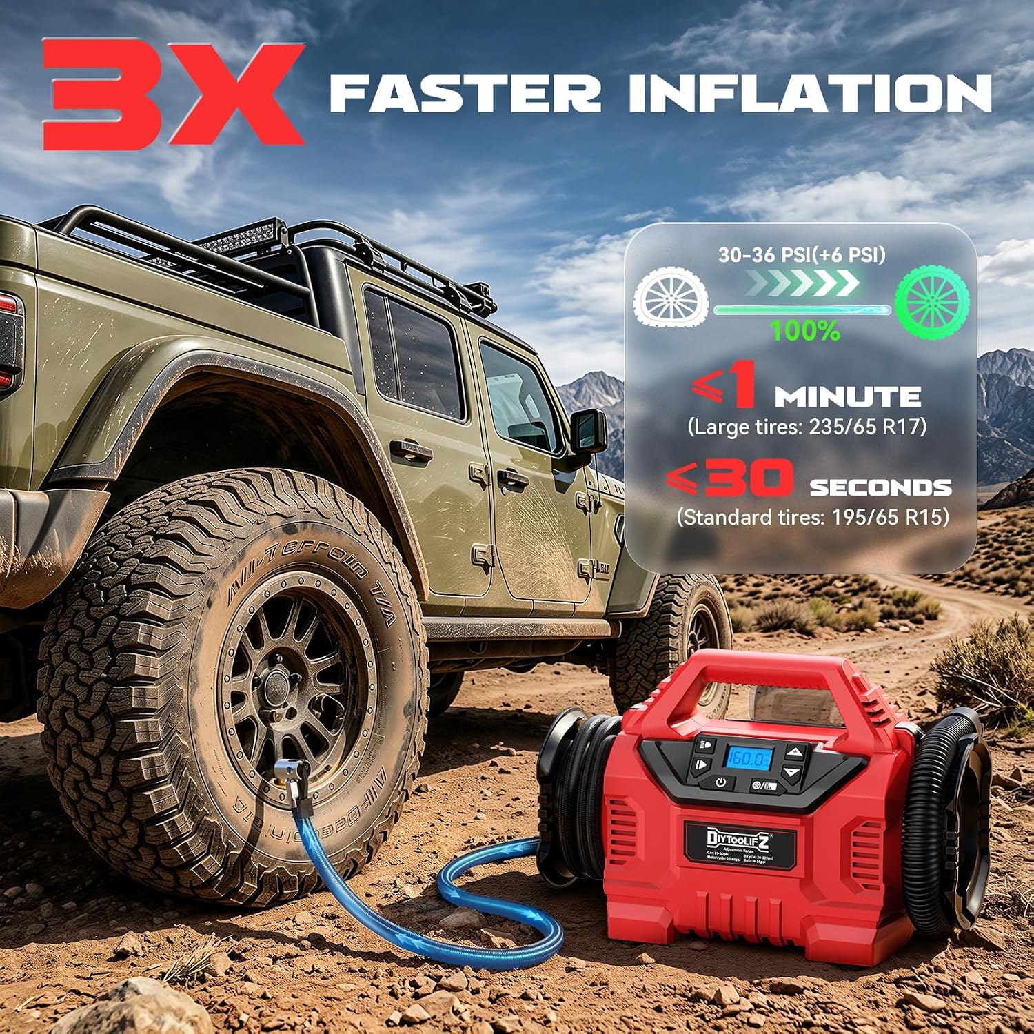 Thumbnail 2 de DIYtoolifz 3X Faster Tire Inflator/Deflator (Tool Only) — 0-36 PSI in 2 Minutes, Dual 12V/18V Power, 160 PSI, LCD, + LED