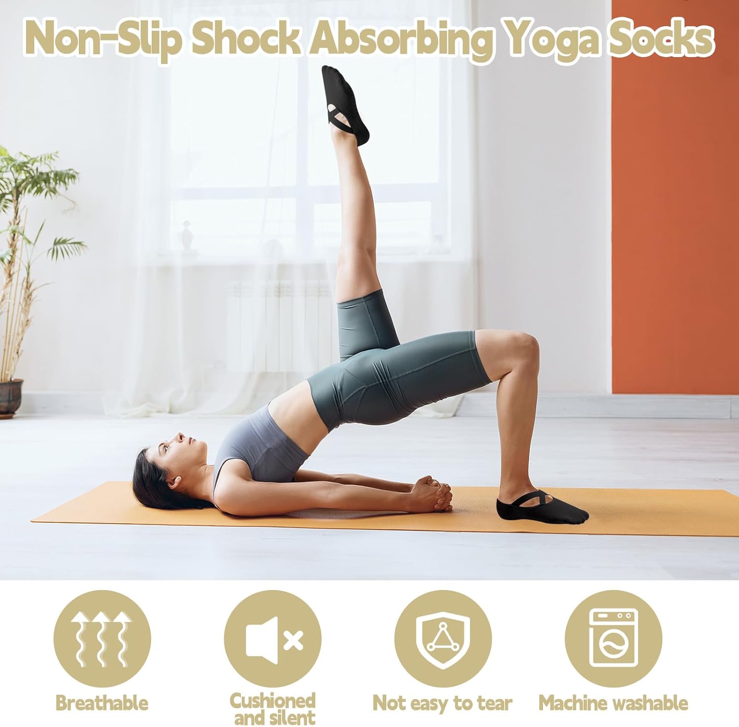 Thumbnail 4 de FICOFISE 6 Paar Rutschfeste Yoga Socken – Anti-Rutsch-Sohlen, atmungsaktiv, Kreuzgurten, Damen EU 34-40 (6 Farben)
