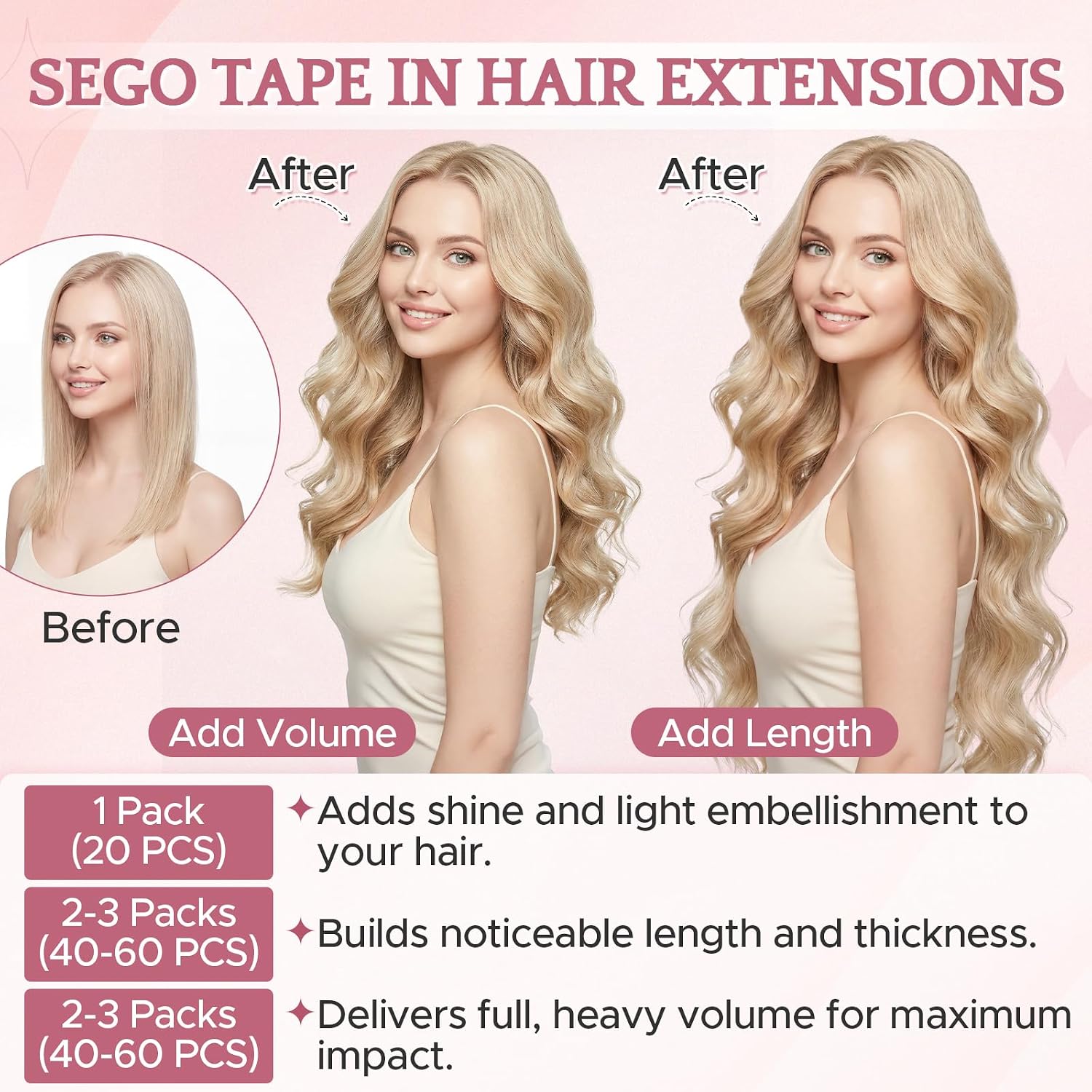 Detalle 2 de SEGO Extension Cheveux Adhésive Naturel Lisse Léger 20 Pièces 50 cm – Bande Blanche