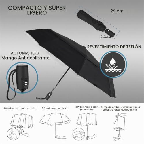 Detalle 2 de AMVUZ Paraguas Plegable de Viaje Compacto Automático a Prueba de Viento (Doble Negro)