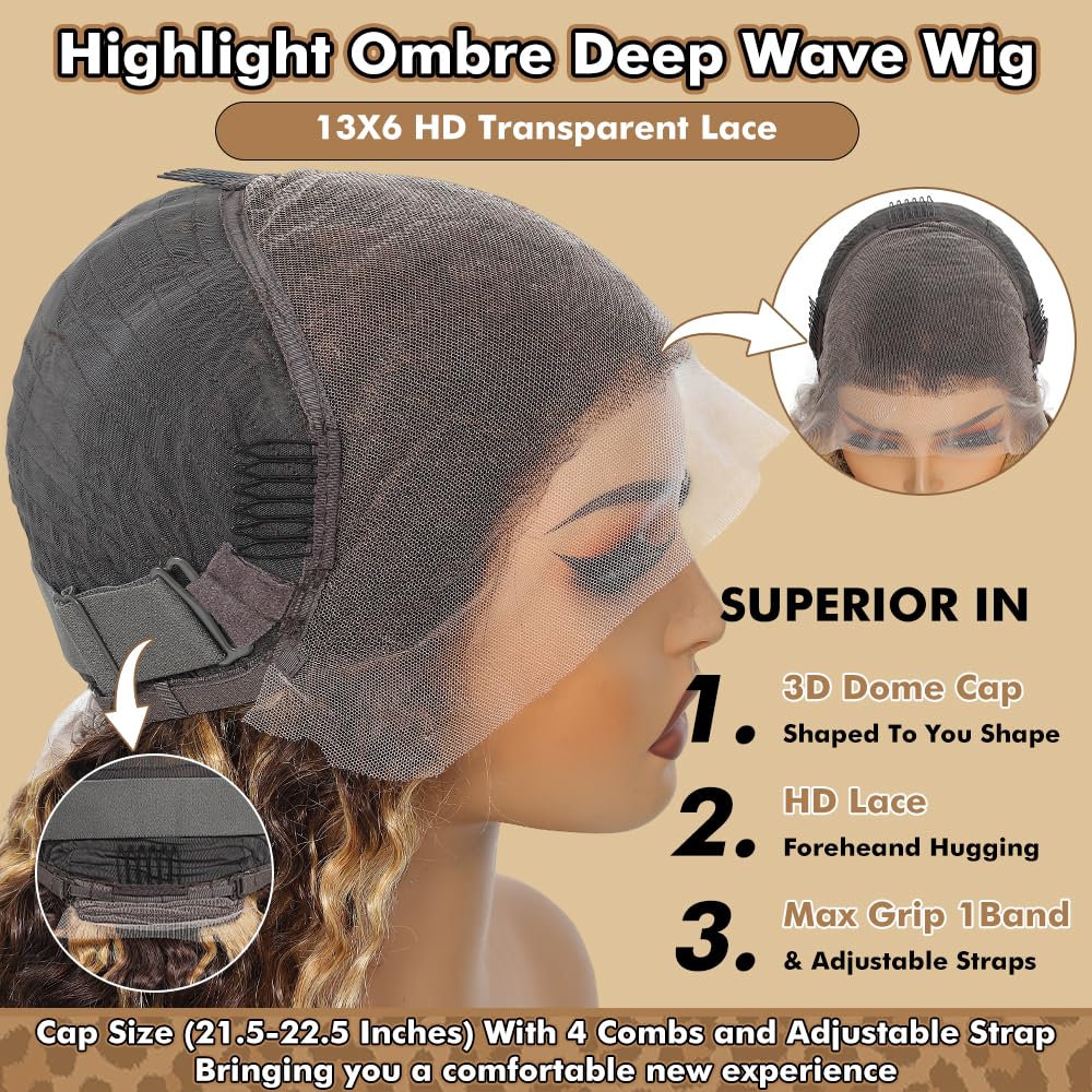 Detalle de Myzebo 32-Inch Ombre Lace Front Wig (13x6 HD Lace, Deep Wave, Honey Blonde Highlight)